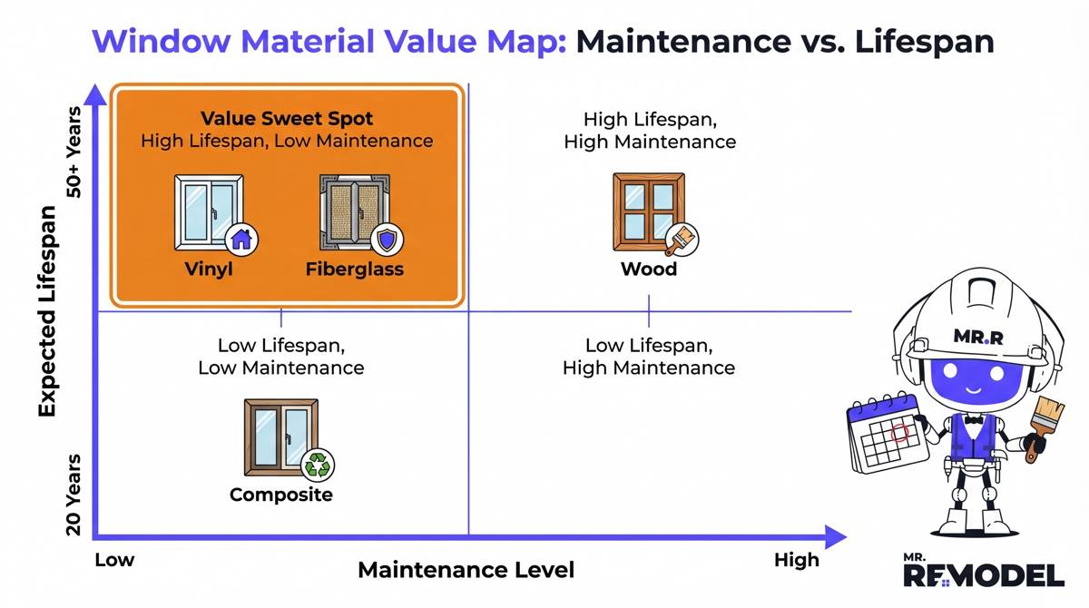 A quadrant chart infographic comparing window materials based on their maintenance requirements and lifespan, highlighting fiberglass and composites as high-longevity, low-maintenance options.